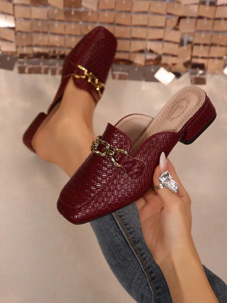 Burgundy Square Toe Flat Mule Shoes With Metal Buckle, Fashionable