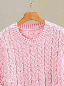Elegant Crew Neck Cable Knit Short Sleeve Sweater Top Pink Spring - Pink - View 4