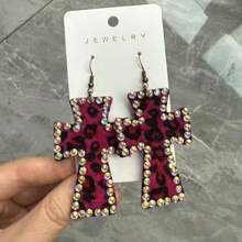 1 Pair Y2K Shiny Crystal Pink Leopard Print Cross Earrings, Sexy & Charming Earring Accessories, Retro Gothic Punk Jewelry, Halloween Gift - Gothic - View 4