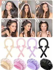5件套缎面免烫卷发套装，包含免烫卷发器、缎面睡眠帽、免烫发带、发圈、柔软睡眠帽、弹性造型工具、睡眠免烫卷发带，配有发圈和发夹，是送给妈妈或女朋友的理想礼物，适合长发女性打造波浪发型。 - 彩色 - 查看 3