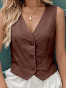 MICHELEE Elegant Women's Vest With V-Neck And Button Closure - Café integral - View 5