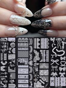 4 件套蕾丝花朵美甲模板，蕾丝蝴蝶结心形花朵图案美甲模板，DIY 不锈钢美甲烫印板，适用于美甲沙龙和家庭美甲工具 - 銀色 - 查看 2