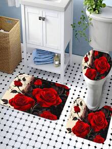 1/3/4 Pcs Red Rose Pattern Bathroom Set, Waterproof Knitted Polyester Curtain With Grommets, Machine Washable, Artistic Theme, Includes Toilet Lid Cover And Bath Mat, 72x72 Inches, With 12 Hooks - Multicolor - View 18