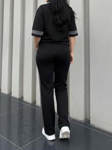 2pcs Women's Spring/Autumn Round Neck Short Sleeve T-Shirt And Elastic Waist Loose Pants Set, Casual Daily Wear - Black - View 6