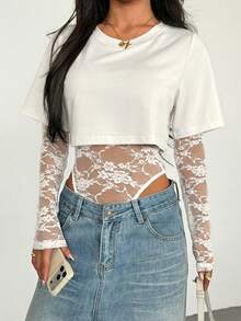 GLOpass Sexy Y2K Lace Sheer Illusion Fitted Romper, Suitable For Music Festival, Date, Party And Daily Wear, Spring/Summer - White - View 3