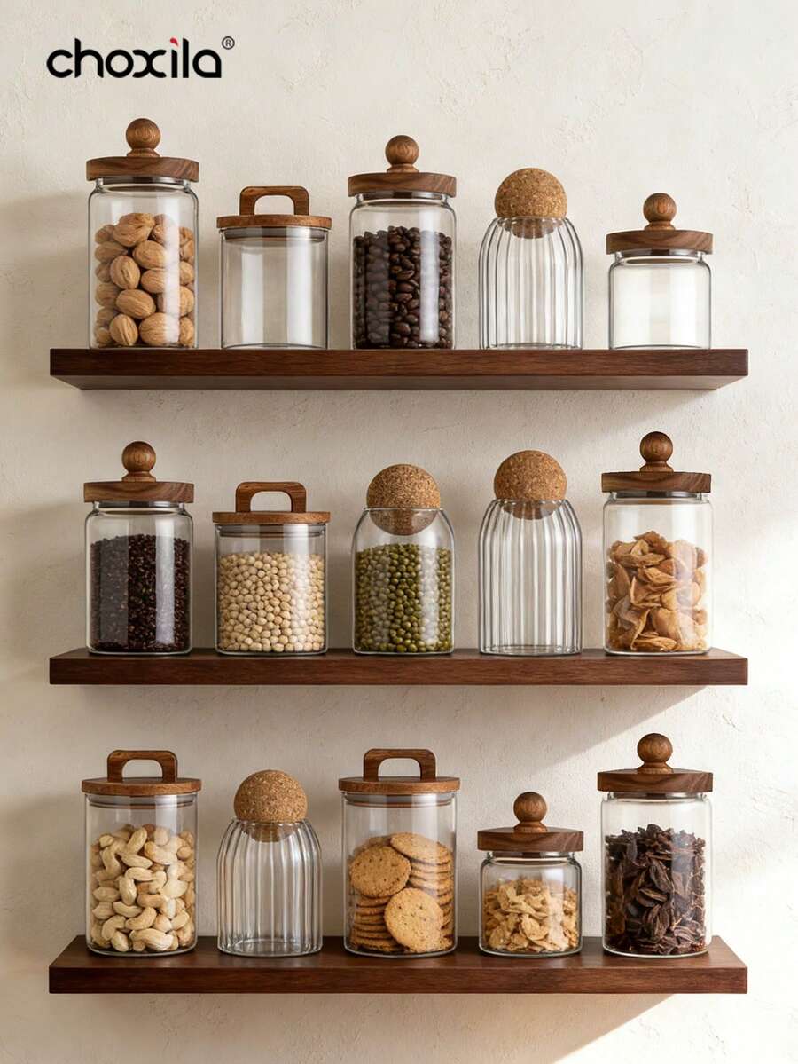 1 pièce Bocal en verre pour le stockage du café, bocal à thé, bocal en verre avec bouchon en liège hermétique pour le stockage des grains de café et des fruits secs - Boîte de haricots farcie boule en bois - Voir 1