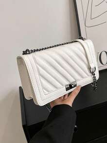 Herringbone Embroidered Twist Lock Small Square Shoulder Bag Crossbody Bag Chain Strap Women Handbag - White - View 3