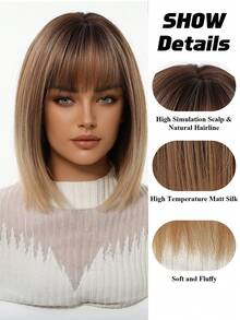 Fashionable Ombre Caramel Blonde Layered Bobo Wig With Bangs, Natural Looking Synthetic Wig For Women - Multicolor - View 8