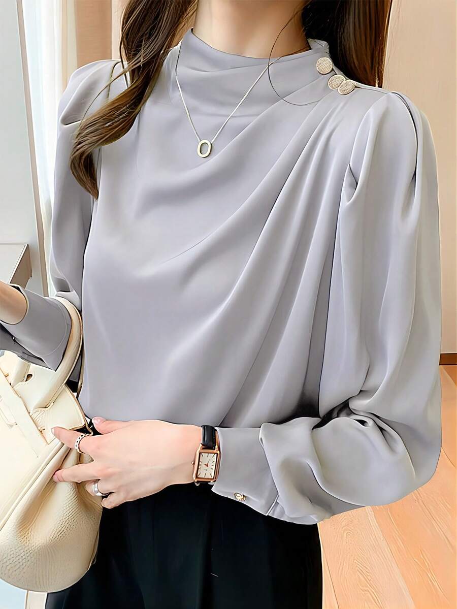 Camisa casual de mujer para ir al trabajo con cuello alto, diseño plisado y mangas princesa, para primavera/otoño - Gris Claro - Ver 1