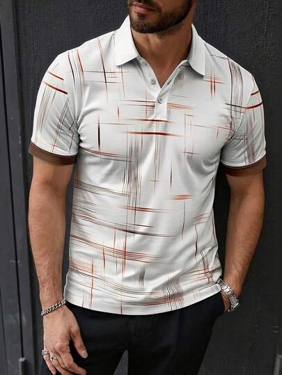 Men's Casual Textured Print Short Sleeve Polo Shirt, Summer