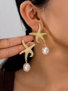 1 Paar modische, zarte Perlen-Seestern-Anhänger Ohrringe, Ozean-Stil Strandresort Schmuck für Frauen, geeignet für den täglichen Gebrauch, Urlaub, Party-Accessoires - Gold - Übersicht 1