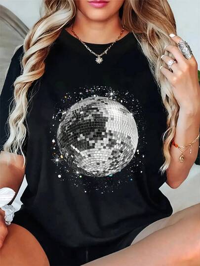 100% Cotton Black And White Disco Ball Club Retro T-Shirt Women's Men's Graphic Tee Crew Neck Classic Fashion Summer Vacation Tops