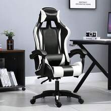 Silla de juego para el hogar, silla de computadora, silla de oficina, silla de juego para dormitorio de estudiantes, sillas de juego para PC para adultos, silla de juego ergonómica reclinable con respaldo alto acolchado, reposabrazos articulados. - Blanco y Negro - Ver 2