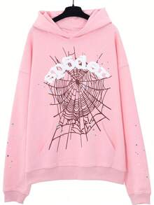 Autumn/Winter Clothing: Street-Style Hip-Hop Style Foam Spider Web Hooded Sweatshirt, Fashionable Sporty Hoodie. - Hồng - Xem 11