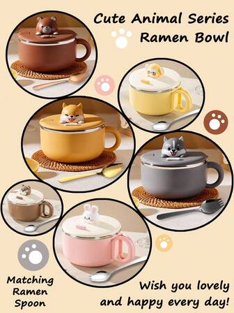 Cute Kitchen 1200毫升不锈钢沙拉/拉面碗（半个），大容量，可爱卡通动物图案，便携式设计带手机支架，适用于方便面、水果、沙拉、意面，也适合早餐、午餐、晚餐、野餐、感恩节、返校等场合，既可作餐具，也是一份贴心的礼物。