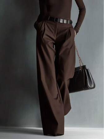 新款女士休闲直筒纯色长裤，百搭款 [不含腰带]