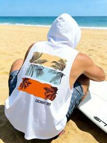 男士休闲无袖连帽衫，饰有英国棕榈树印花 | 精致设计 | 夏季必备 | 时尚百搭，展现您的风格 - 白色 - 查看 3