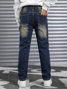 Boys' Casual Elastic Waist Distressed Tapered Jeans, Suitable For All Seasons - Medium Wash - View 2