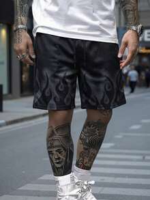 男士休闲火焰印花针织短裤 - 黑色 - 查看 11