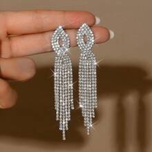 1 Pair Exaggerated Rhinestone Diamond Shaped Long Dangle Earrings, Fashionable & Luxurious Earrings For Women - Sparkling Diamond Earrings - View 7
