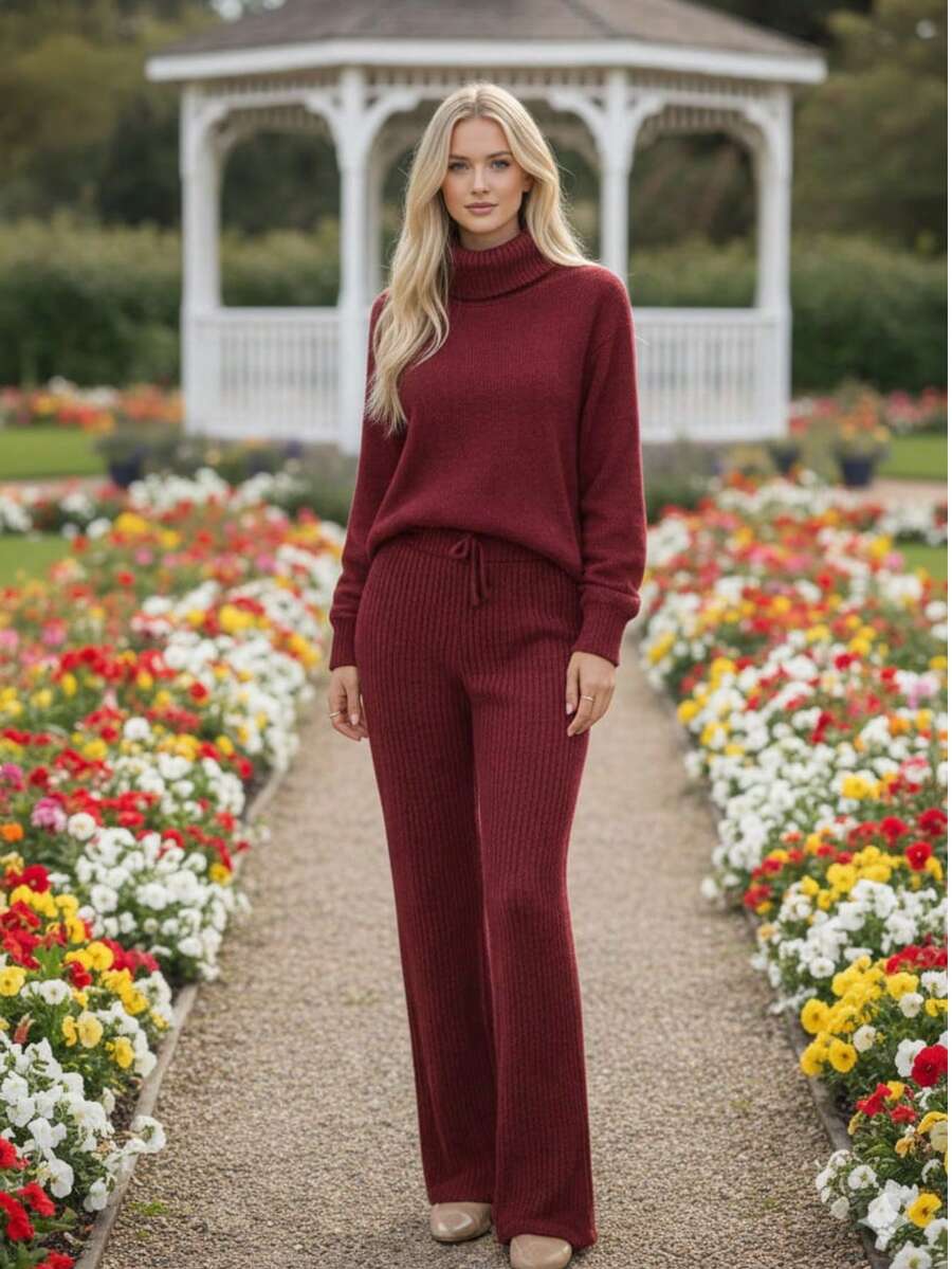Set Of Pants And High Neck Cacharrel Mousse Knitting Tricot Blouse - Màu Đỏ Sâu - Xem 1