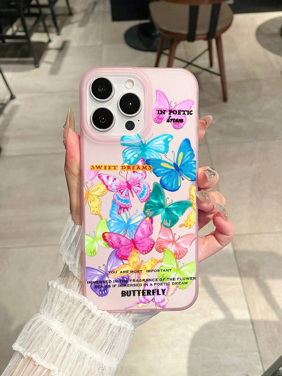 Macaron Color Butterfly Print Semi-Transparent Pink Phone Case, Y2K Millennium Style "SWEET DREAMS" "BUTTERFLY" Romantic English Slogan Phone Case, Soft TPU Matte Pink Finish, Non-Slip Texture, Compatible With IPhone - Pink - View 1