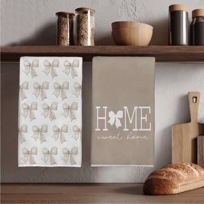 MEMNUN 2pcs Milk Tea Color Watercolor Bow Tie "Home Sweet Home" Printed Kitchen Towels, 15.75*23.62in (40*60cm) Super Soft Absorbent Microfiber Dish Towels, Hand Towels, Dish Cloths, Home Decor, Kitchen Decor, Cooking Baking Cleaning Towels, Kitchen Accessories, Machine Washable, Suitable For Dining Room, Kitchen, Home Decoration And Gifts, All Seasons