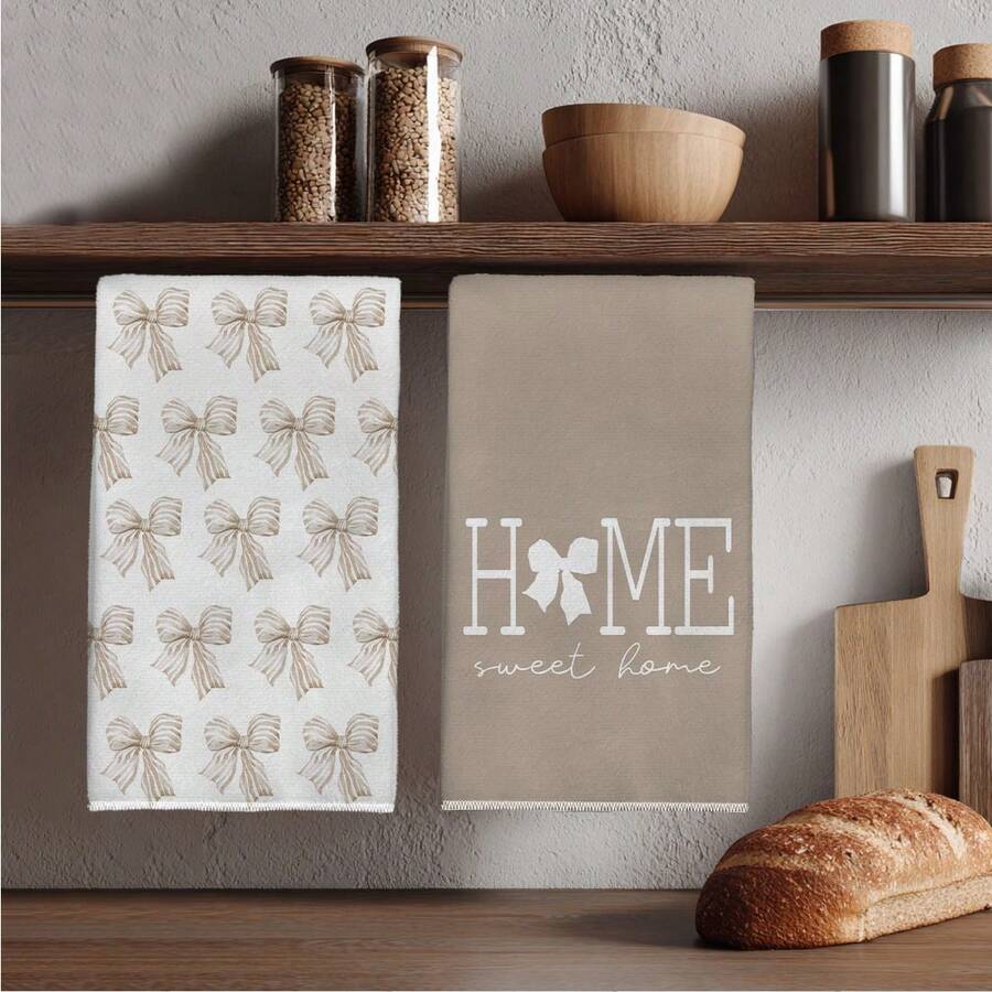 MEMNUN 2入奶茶色水彩蝴蝶結Home Sweet Home標語印花廚房抹布洗碗布 40*60cm/45*70cm 超細纖維聚酯纖維材質 現代柔軟抹布 手巾 家居裝飾 廚房裝飾 烹飪烘焙手巾 廚房配件 可機洗 清潔用品 適用於餐廳廚房、居家裝飾與禮品 全季節 - 彩色 - 查看 1