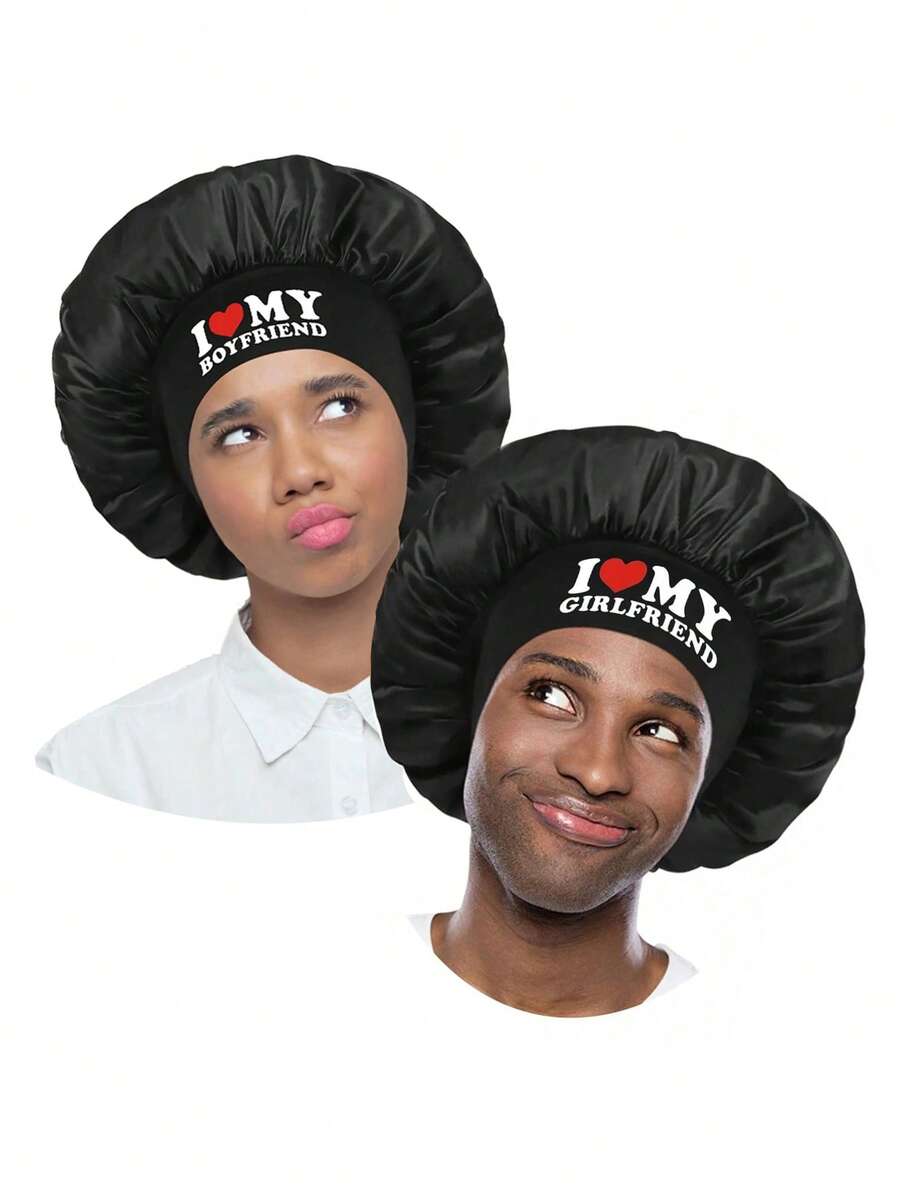 1/2pcs Couple Silk Satin Hair Scrunchies, "I Love My Girlfriend/Boyfriend" Printed, Basic Black Wide-Brim Satin Hair Scrunchies, Valentine's Day Gift