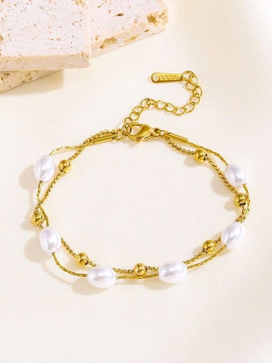 1 chiếc vòng tay ngọc trai giả nhiều lớp, kiểu dáng tinh tế sang trọng, trang sức thời trang thanh lịch dành cho nữ, phù hợp cho hẹn hò, đi làm và đeo hàng ngày (Đóng gói trong túi OPP) - Vàng - Xem 1