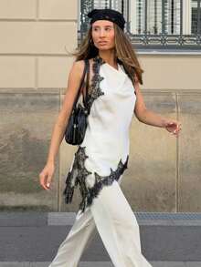 MUMRAP 女士优雅纯色蕾丝拼接露背上衣 - 黑與白 - 查看 3