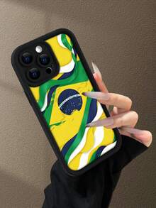 Fashionable, Personalized Brazil Flag Wave Pattern, Combining National Flag Elements And Text Graphics Design Theme, Luxury Shock-Proof, Aesthetically And Cute, Soft Touch, Extreme Grip, Waterproof , Anti-Fouling, With Camera Protection Frame, Compatible With IPhone - Black - View 2