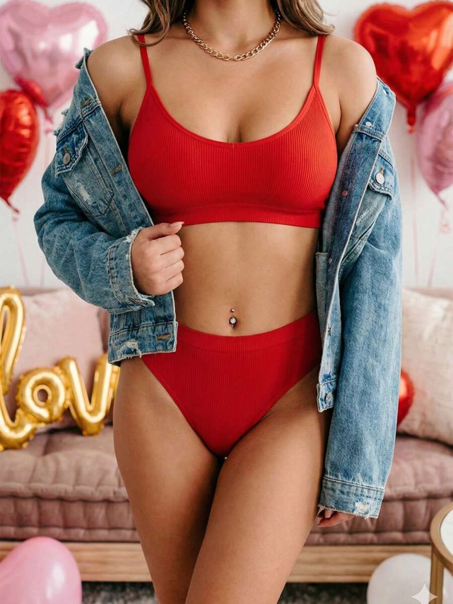 两件套内衣套装，女士性感文胸内裤组合，休闲夏季睡衣，夏季套装，可爱睡衣上衣，两件套，家居服，返校服，度假装 - 紅色 - 查看 1