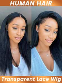 蓬松直发 13x4 透明蕾丝前假发 Yaki 直发蕾丝前假发 巴西真人发 4C 发际线假发 卷曲真人发假发 180% 密度 - Natural Black - 查看 3