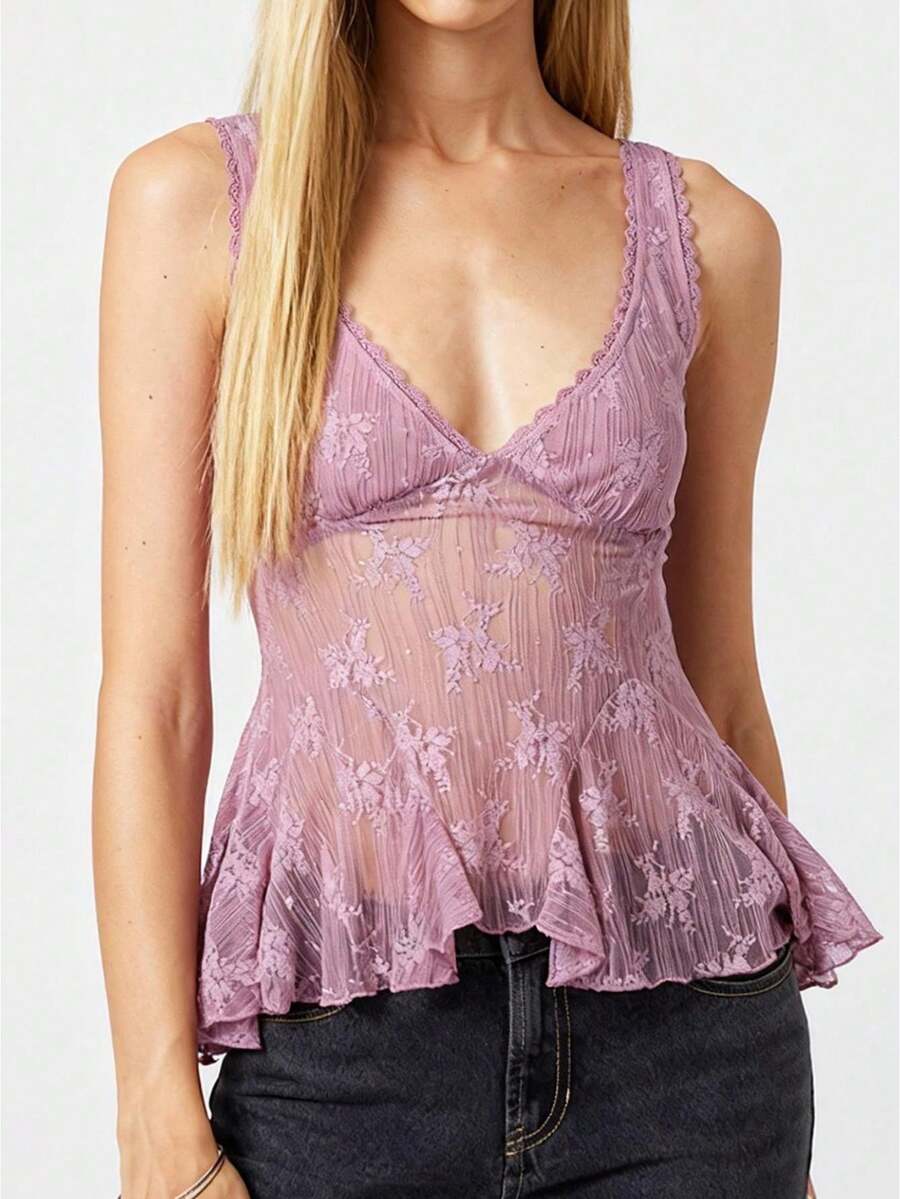 Womens Lace Tank Tops Sleeveless V Neck Solid Color Ruffle Tops Slim Fit Shirts - Purple - View 1