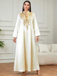 Elegant Women's Ramadan V-Neck Gold Beaded Embroidered Maxi Kaftan Dress, Suitable For Eid Celebration, Home & Daily Wear - Apricot - View 5