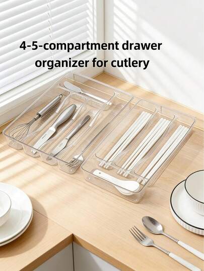 Zestaw 1/2/3 pudełek z 4-5 przegródkami, przezroczyste organizery do szuflad na noże kuchenne, tacki na kosmetyki do toaletki, oszczędzające miejsce organizery na artykuły papiernicze, zastawę stołową i małe części, odpowiednie do przechowywania w szufladach, w kuchni, w kuchni i innych miejscach.