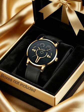 SOKI SOKI Este elegante relógio de quartzo redondo para homem apresenta uma pulseira preta em PU e função de calendário, sendo adequado para uso diário, presentes de aniversário, festas e encontros de família. Também é um presente ideal para si mesmo ou para amigos. Embalagem não incluída.