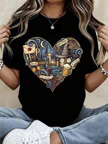 Warner Bros Harry Potter Heart Design T Shirt With Hogwarts Castle Sorting Hat And Magic Elements For Fans Of The Wizarding World - 黑色 - 查看 1