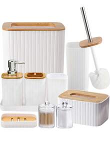 Bathroom Accessories Set, 10-Piece Bathroom Set, Black Bathroom Accessories With Slim Trash Can, Soap Dispenser, Toilet Brush, Toothbrush Set, Qtip Holders Vanity Tray Tissue Box Cover - Multicolor - View 3