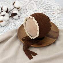 Mũ len dệt kiểu waffle màu trơn dễ thương cho bé sơ sinh, có bèo nhún và dây buộc, phụ kiện chụp ảnh. - Nhiều màu - Xem 14