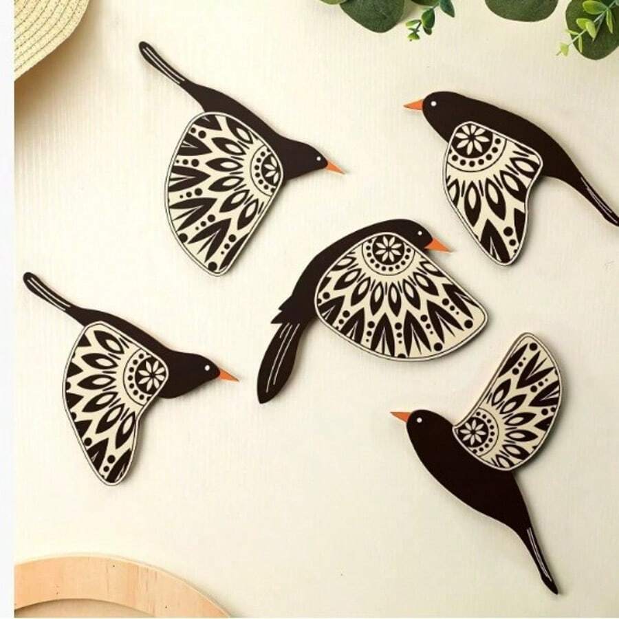 5pcs Wooden Bird Wall Decor, Rustic Wooden Flying Bird Wall Art, Scandinavian Home Decor - Multicolor - View 1
