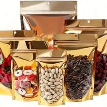 100个金色铝箔自封袋，带挂孔和缺口，可重复使用食品储存袋 - 金色 - 查看 5