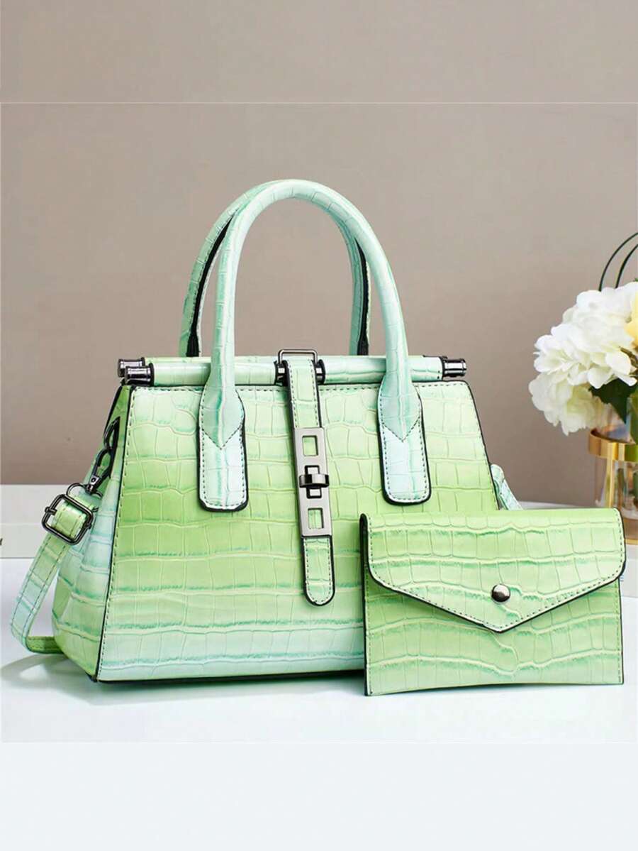 Ensemble de 2 sacs à main élégants en texture crocodile, sac cabas multifonctionnel grande capacité, design à la mode, nouveau sac carré élégant pour femme, sac à main bandoulière polyvalent et décontracté, grande capacité, idéal pour les voyages et le shopping. - Vert - Voir 1