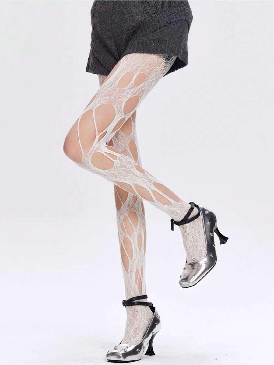 1 Pair Distressed Fishnet Stockings, Personalized Spring/Summer New Arrival, Retro Floral Pattern, Punk Style, Suitable For Festivals And Parties, Plus Size, High Elasticity - White - View 1