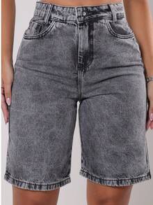 Women's Jorts Black Denim Bermuda Shorts, 100% Cotton, High Waist, No Lycra, Mid-Thigh Length, Marbled, Cycling Style, Boho Style, Casual, Sexy, Cute, Cotton, Zipper, Pocket, Button, Women's Denim Clothing, Nightwear, Holidays, Vacation, Daily Wear, Home Wear, ALL - 黑色石墨 Lisa 060-D - 查看 10