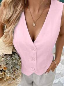 MICHELEE Colete Feminino Elegante com Decote em V e Fechamento por Botões - Rosa chiclete - Visão 1