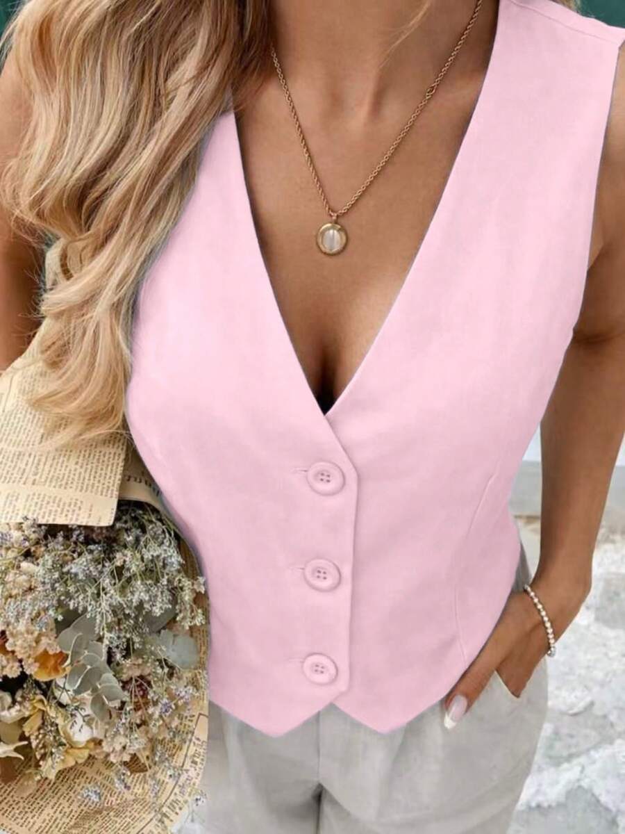 MICHELEE Colete Feminino Elegante com Decote em V e Fechamento por Botões - Rosa chiclete - Visão 1