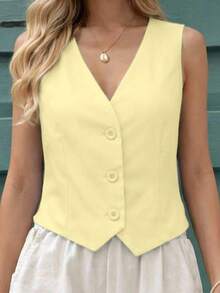 MICHELEE Elegant Women's Vest With V-Neck And Button Closure - Yellow - View 3