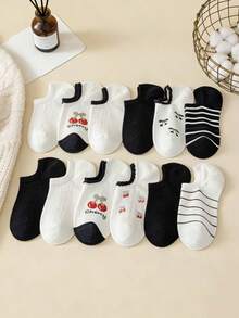 5双随机黑白撞色樱花边饰短袜，吸湿排汗，防滑 - 彩色 - 查看 1